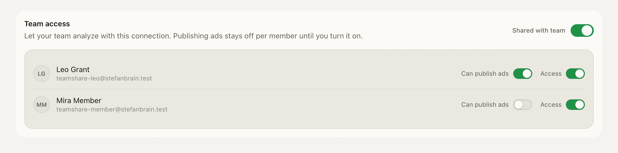 The Meta connector Team access card with per member Can publish ads toggles, one member granted and one not