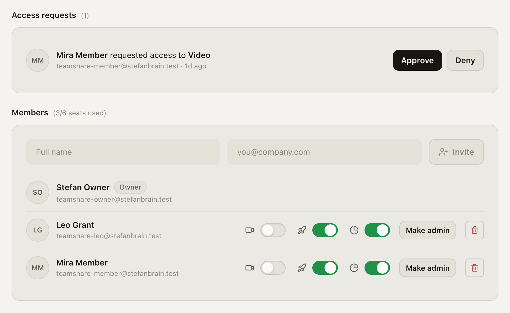 StefanBrain Team page showing per member Access toggles for Video, Launch, and Creative Strategist, with a pending access request above the members list